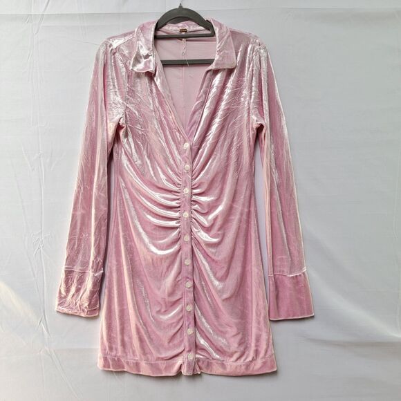 Free People Pink Mini Crushed Velvet Dress Long Sleeve Front Ruched V Neck S - Picture 2 of 12
